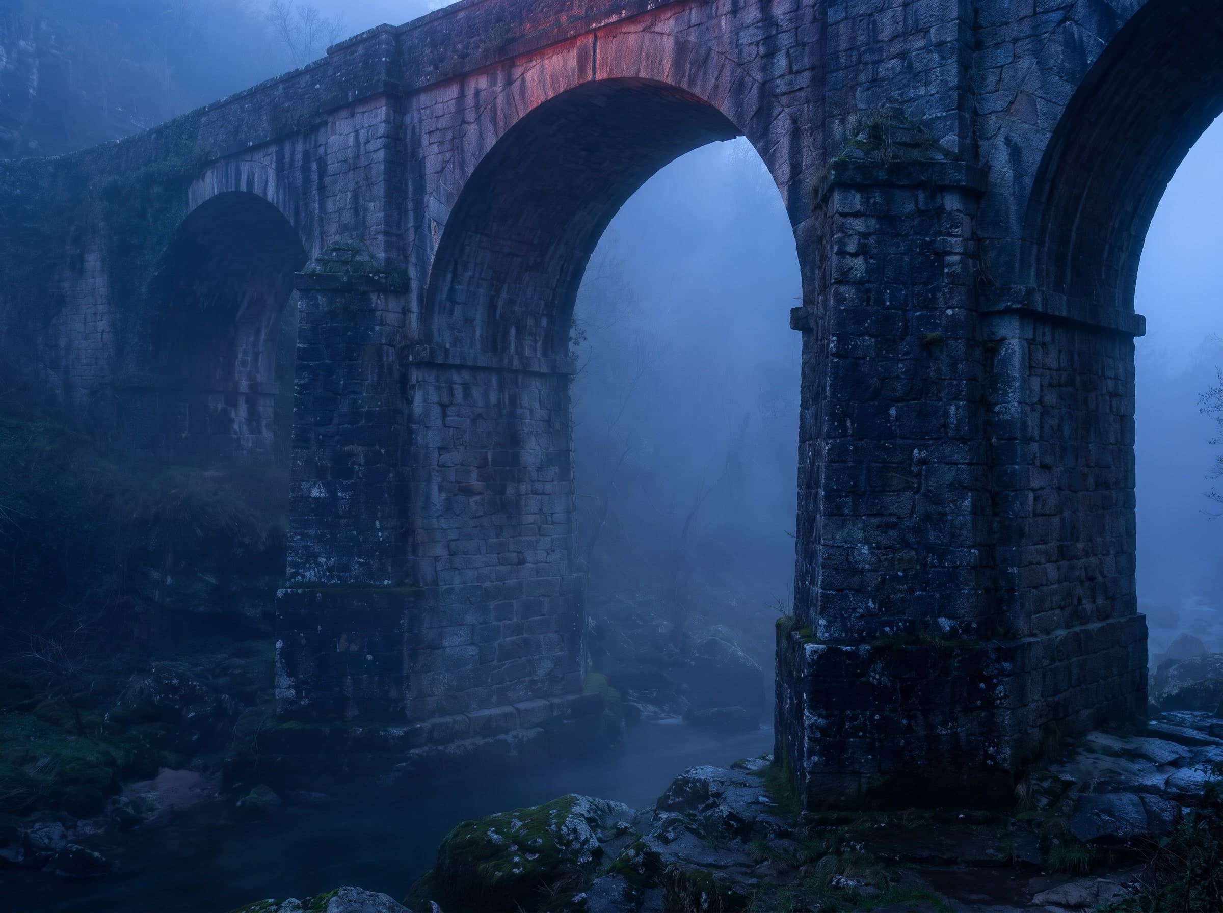 Mächtige Steinpfeiler einer alten Bogenbrücke von unten gesehen, Nebel in der Schlucht