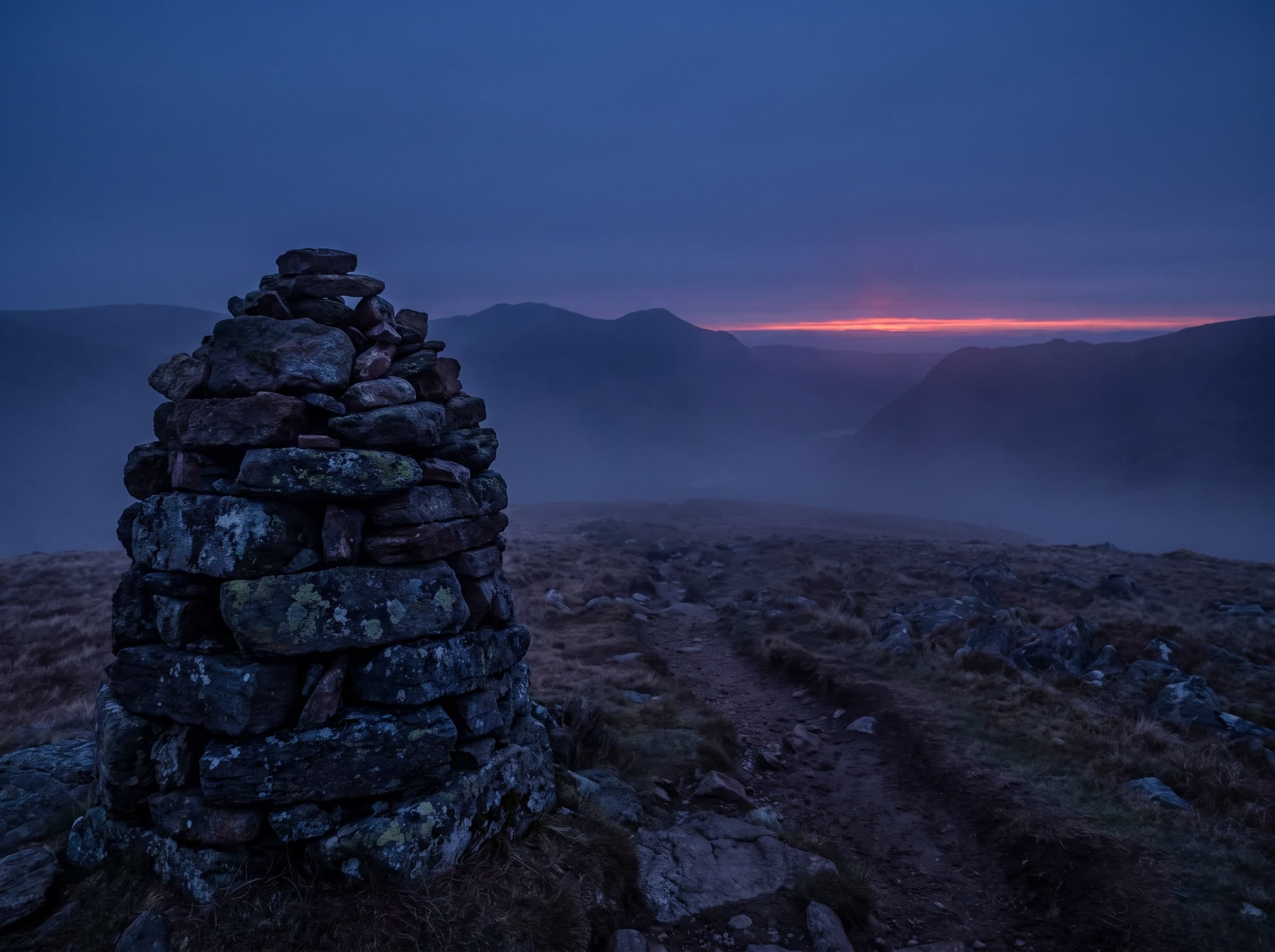 Aufgeschichteter Steinmann an einem Bergpfad auf einer Hochebene, dahinter Nebel und ein roter Lichtstreif